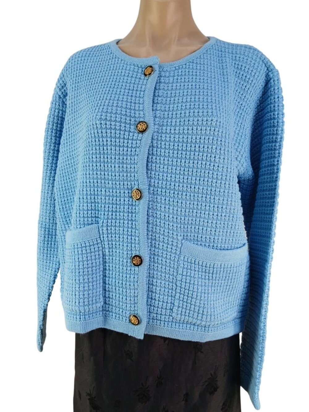PrettyGarden Blue Waffle Knit Cardigan Sweater With Pockets & Gold Buttons Women